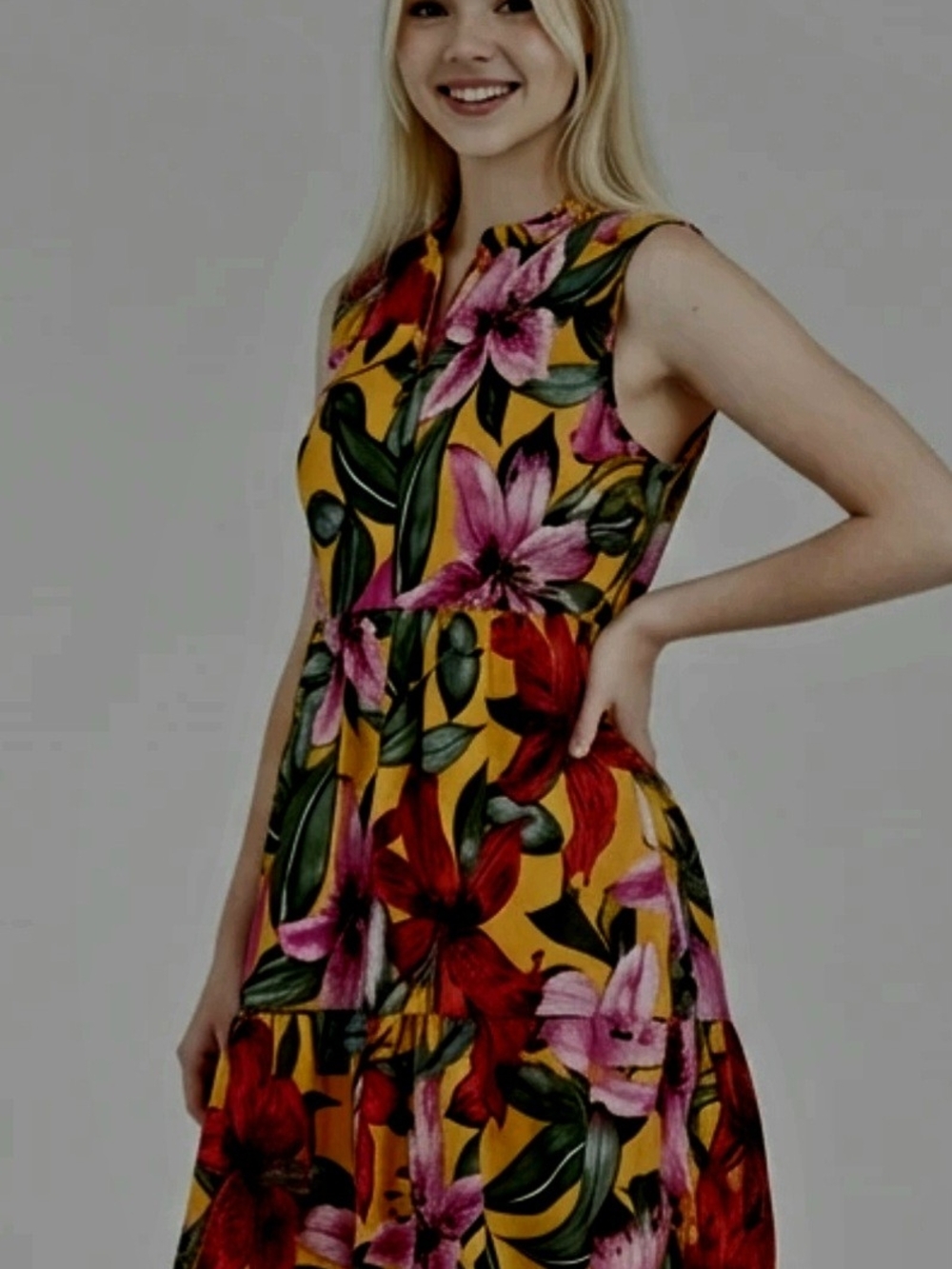 Sleeveless Yellow Midi Dress with Pink & Red Floral Print